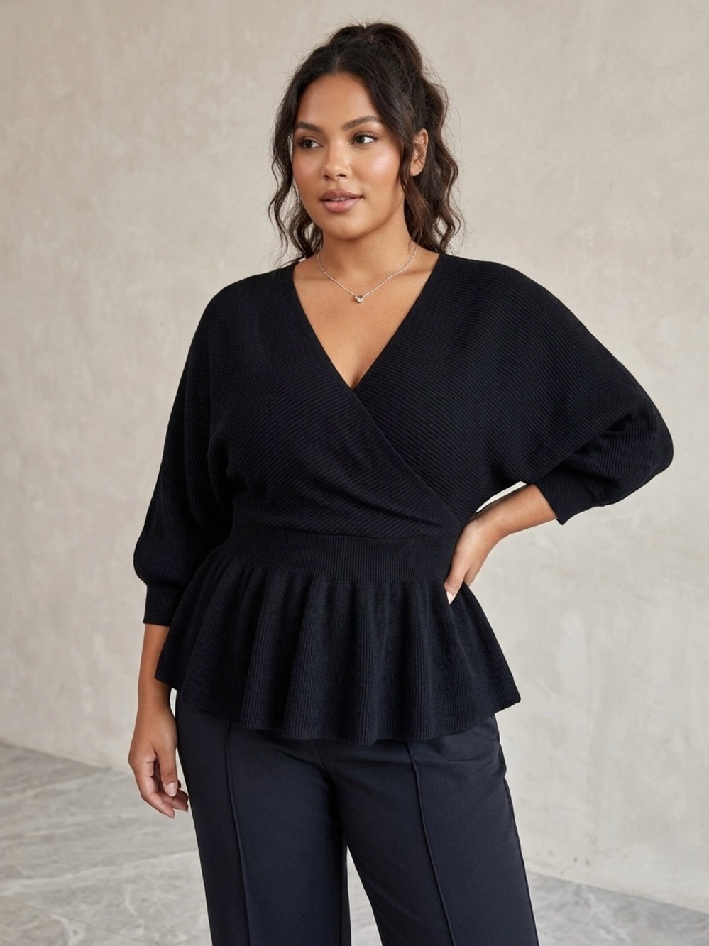 BloomChic Black Ribbed Knit Peplum Dolman Sleeve Crossover Sweater Size 14/16 - Picture 10 of 11